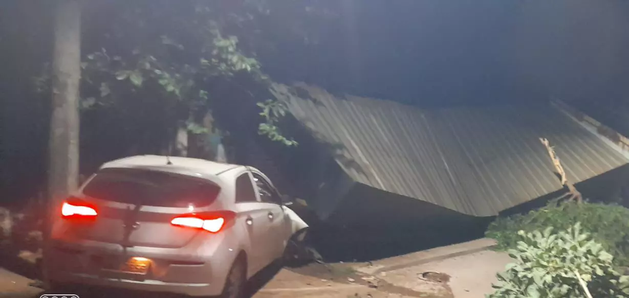 Motorista perde controle, bate em árvore e derruba toldo de lanchonete em Campo Grande