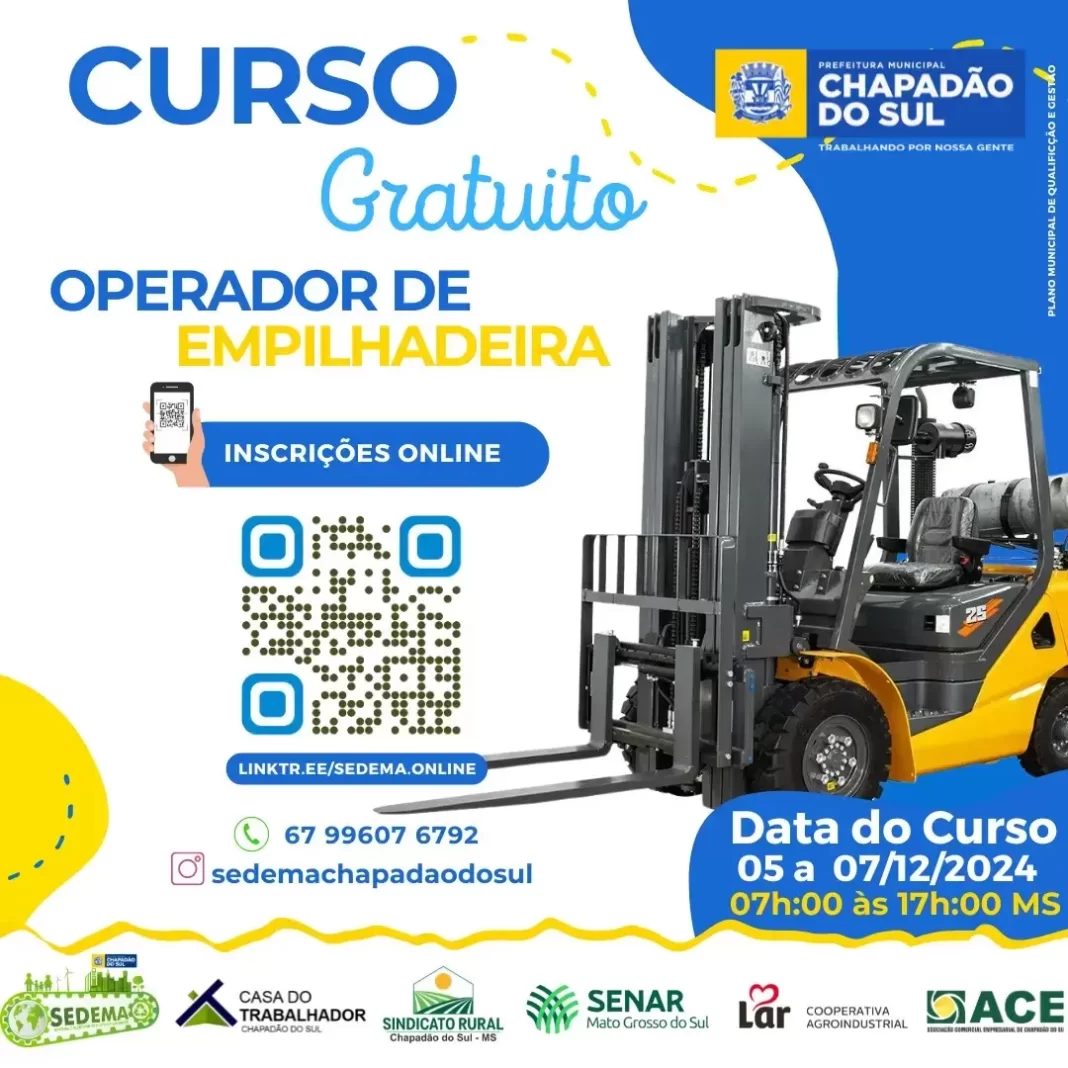 Emprego: Prefeitura de Chapadão do Sul abre inscrições para Curso Gratuito de Operador de Empilhadeira