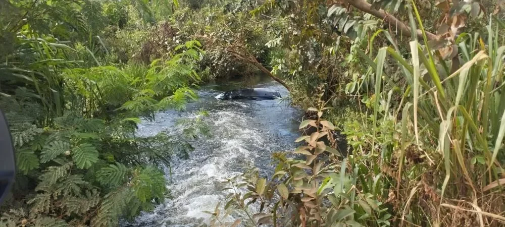 Carro Cai Dentro do Rio Água Amarela e Fica Quase Submerso
