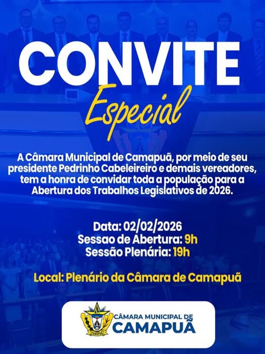 Com Sessão Solene de Abertura do Ano Legislativo de 2026, vereadores iniciam os trabalhos legislativos de 2026, hoje às 9h.